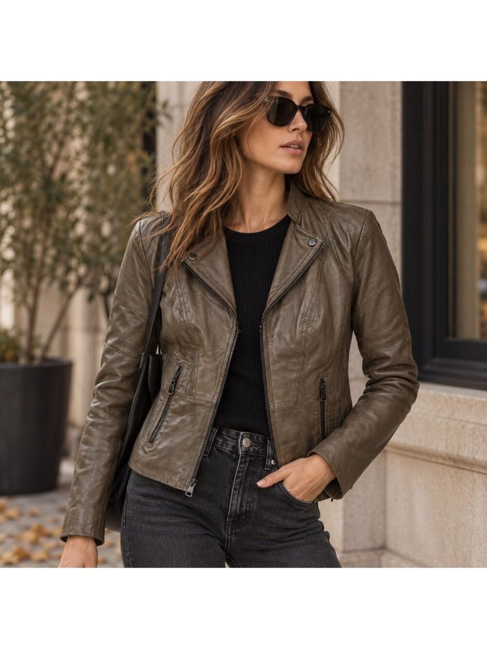 Marc New York Andrew Marc Leather Moto Jacket Mushroom Olive Brown Sz M